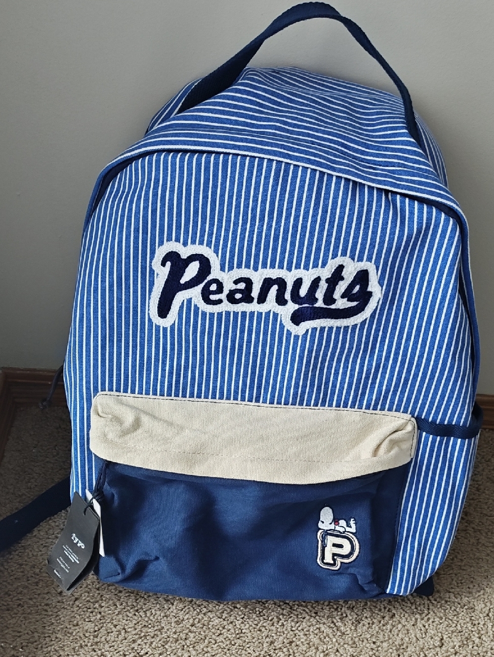 Peanuts Blue & Cream Striped Canvas Backpack